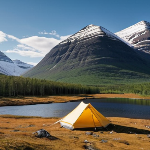 Home 7 **Prompt:** A lone hiker standing amidst the vast, serene wilderness of Kungsleden in Northern Sweden. Snow-capped mountains rise majestically in the background, a clear river meanders through a sparse birch forest, and a discreet tent is pitched by its bank under a sky filled with countless stars, hinting at the freedom of Allemansrätten. The overall atmosphere conveys profound connection to nature and tranquil solitude.
