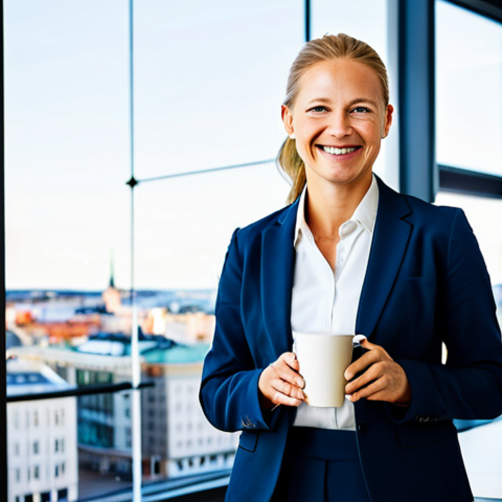 Professional Success in Sweden**
"A smiling businesswoman in a modern, fully clothed business suit, standing in a bright, contemporary office overlooking Stockholm. She is holding a coffee cup labeled "Fika." Perfect anatomy, correct proportions, natural pose, well-formed hands, proper finger count, natural body proportions, professional photography, high quality, safe for work, appropriate content, fully clothed, professional, family-friendly. Background shows a clean and organized office environment with colleagues working in the distance."
**