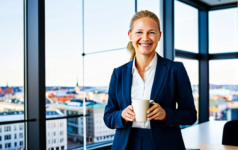 Professional Success in Sweden**
"A smiling businesswoman in a modern, fully clothed business suit, standing in a bright, contemporary office overlooking Stockholm. She is holding a coffee cup labeled "Fika." Perfect anatomy, correct proportions, natural pose, well-formed hands, proper finger count, natural body proportions, professional photography, high quality, safe for work, appropriate content, fully clothed, professional, family-friendly. Background shows a clean and organized office environment with colleagues working in the distance."
**