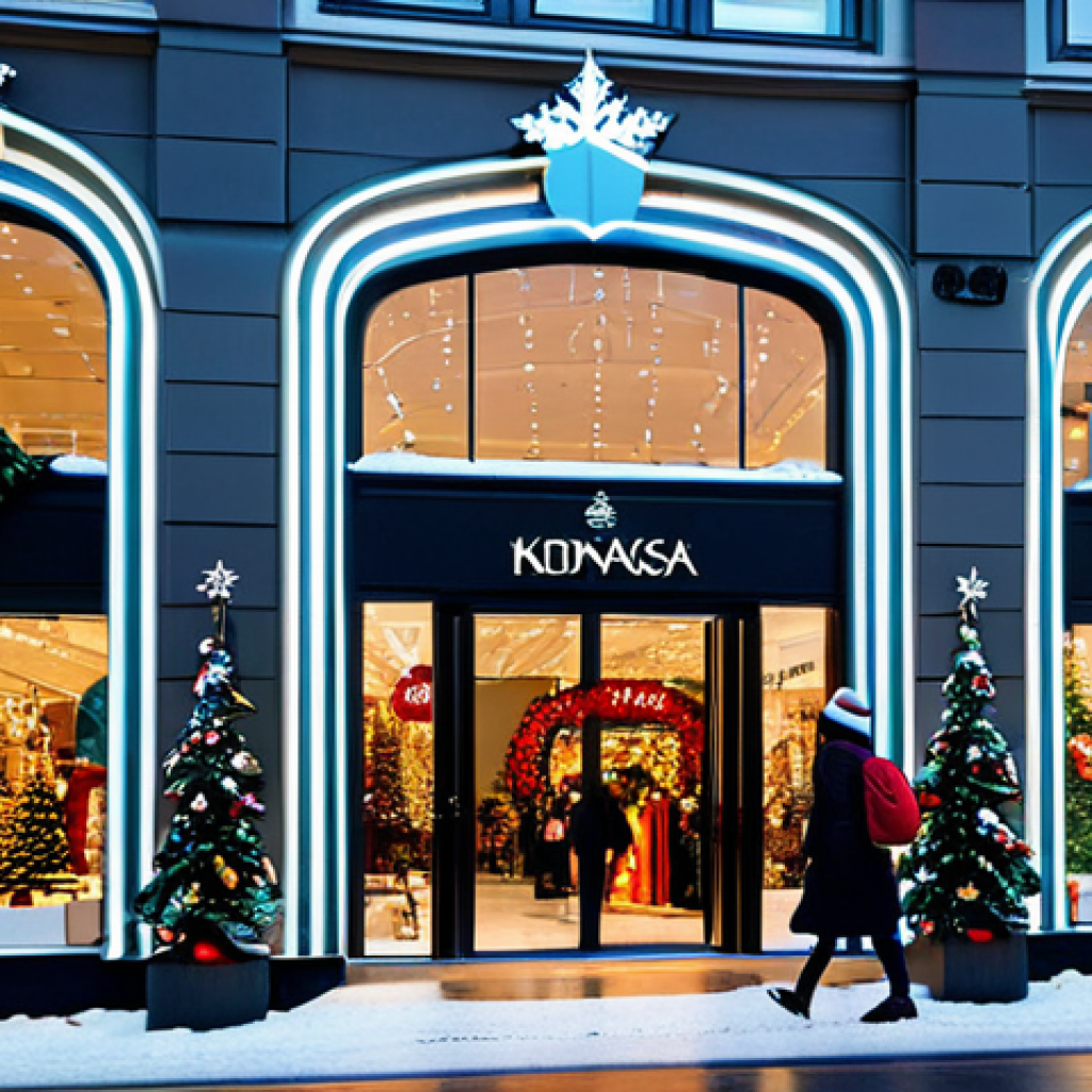 Nordiska Kompaniet (NK) Christmas Display**
A wide shot of the Nordiska Kompaniet (NK) department store in Stockholm during Christmas. The windows are elaborately decorated with festive displays, showcasing luxury goods and holiday themes. Shoppers, fully clothed in winter attire (coats, scarves, hats), browse the displays. The scene is brightly lit with Christmas lights. Safe for work, appropriate content, fully clothed, professional photography, high quality, perfect anatomy, natural proportions, family-friendly.
**