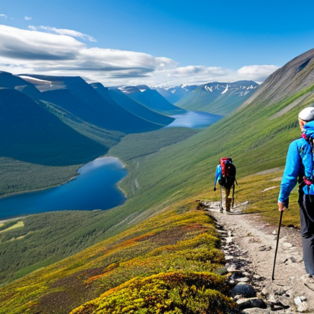 Kungsleden Trail, Lapland**
"A breathtaking view of a hiker on the Kungsleden trail in Swedish Lapland, fully clothed in appropriate hiking gear, backpack visible, surrounded by mountains and a clear blue sky, daytime, safe for work, perfect anatomy, natural proportions, high-quality landscape photography, family-friendly, appropriate content."
**