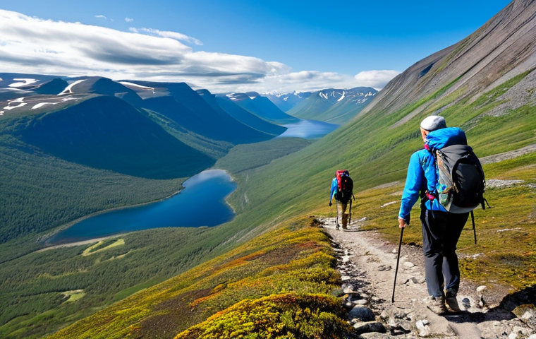 Kungsleden Trail, Lapland**
"A breathtaking view of a hiker on the Kungsleden trail in Swedish Lapland, fully clothed in appropriate hiking gear, backpack visible, surrounded by mountains and a clear blue sky, daytime, safe for work, perfect anatomy, natural proportions, high-quality landscape photography, family-friendly, appropriate content."
**