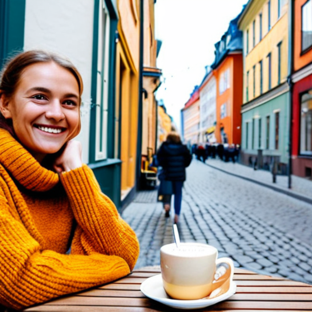 Fika in Södermalm**
A cozy café scene in Södermalm, Stockholm. A woman with a warm smile sits at an outdoor table, enjoying a kanelbulle (cinnamon bun) and coffee. Vintage shops and colorful buildings line the street in the background. She's wearing a modest sweater and jeans, appropriate attire. safe for work, professional, family-friendly, perfect anatomy, correct proportions, well-formed hands, proper finger count, natural pose, fully clothed, appropriate content.
**