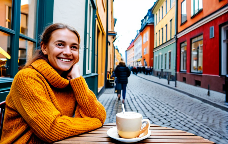 Fika in Södermalm**
A cozy café scene in Södermalm, Stockholm. A woman with a warm smile sits at an outdoor table, enjoying a kanelbulle (cinnamon bun) and coffee. Vintage shops and colorful buildings line the street in the background. She's wearing a modest sweater and jeans, appropriate attire. safe for work, professional, family-friendly, perfect anatomy, correct proportions, well-formed hands, proper finger count, natural pose, fully clothed, appropriate content.
**