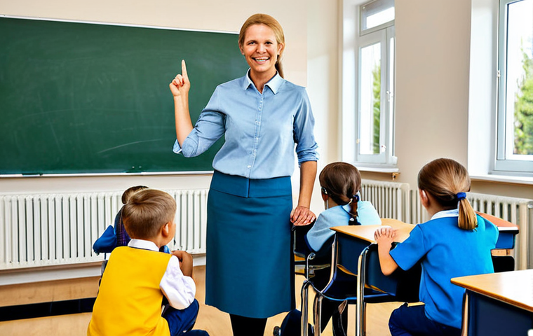 스웨덴에서의 교육 자원봉사 - Volunteer in a Classroom**
"A smiling, fully clothed volunteer teacher wearing modest attire, assis...