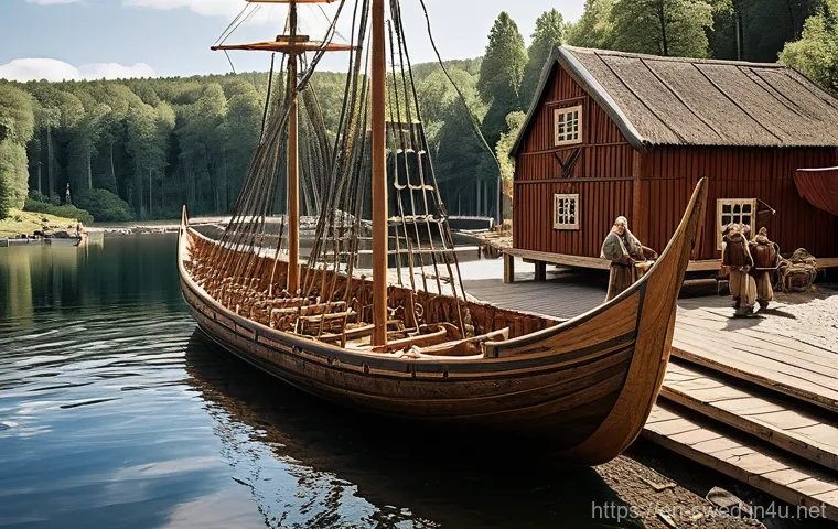 스웨덴 바이킹 문화 - **Prompt:** A detailed, realistic depiction of a bustling Swedish Viking shipyard on the shores of a...