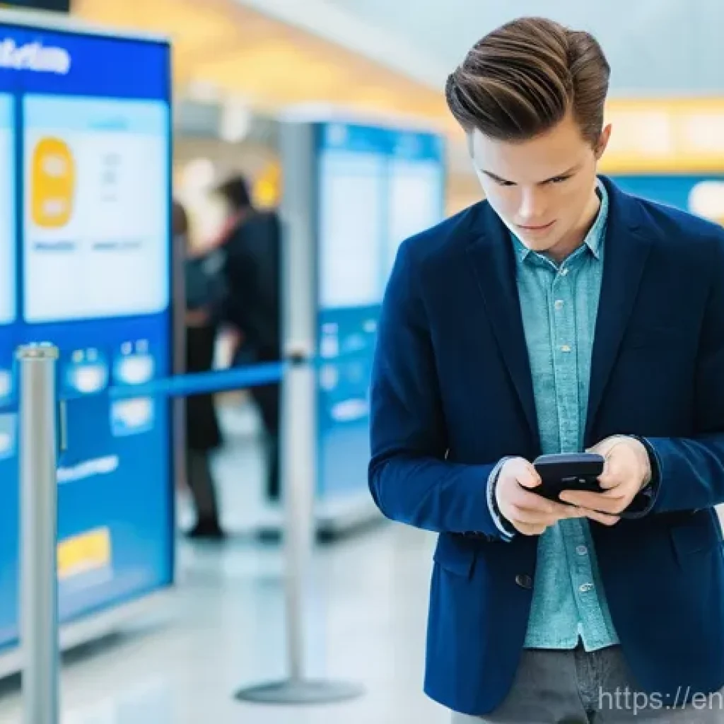 스웨덴에서 핸드폰 개통하는 법 - **Prompt:** A young adult, smartly dressed in casual travel attire, stands in a bright, modern airpo...