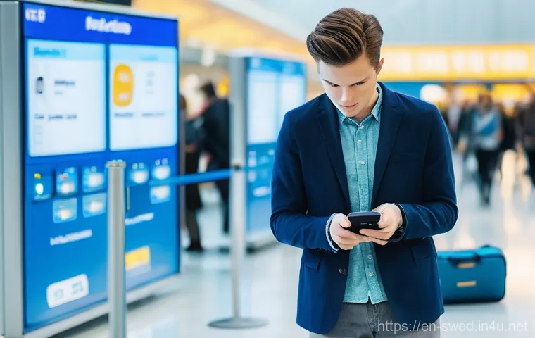스웨덴에서 핸드폰 개통하는 법 - **Prompt:** A young adult, smartly dressed in casual travel attire, stands in a bright, modern airpo...