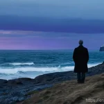 스웨덴의 영화 산업 - **Prompt:** A lone figure stands on a rugged, windswept Nordic coastline at dusk. The sky is a drama...