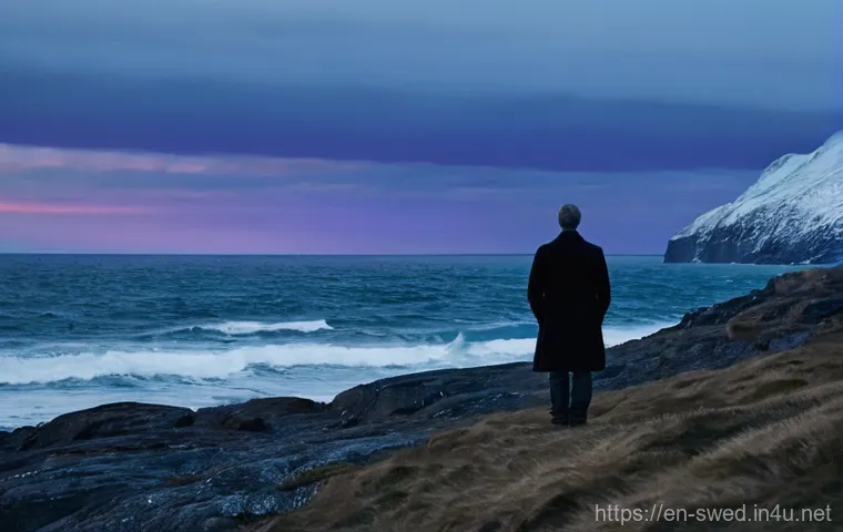 스웨덴의 영화 산업 - **Prompt:** A lone figure stands on a rugged, windswept Nordic coastline at dusk. The sky is a drama...